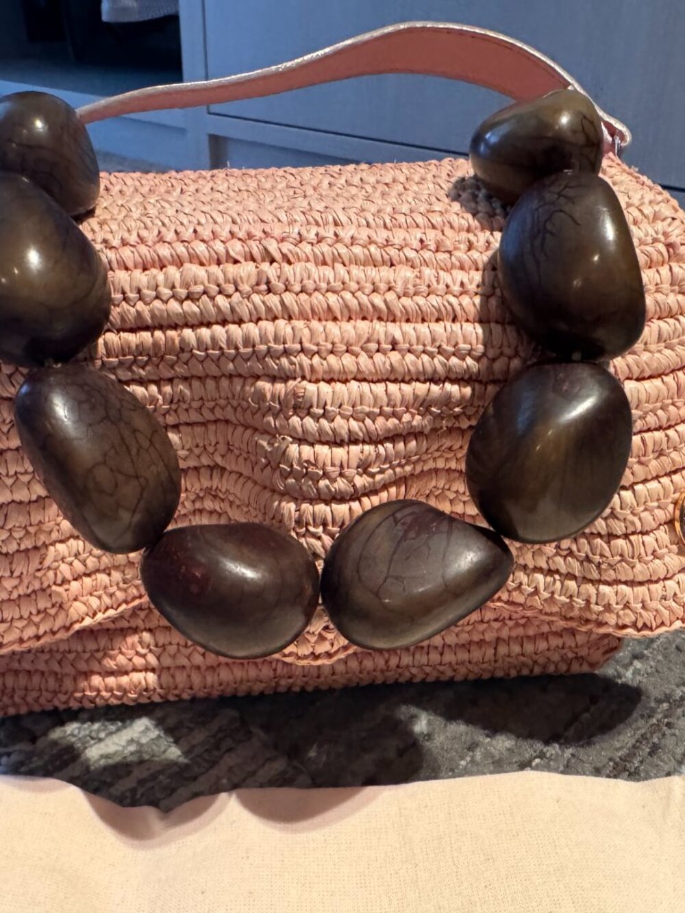 Maki Palmata Pink Raffia Tagua Beaded Shoulder Bag